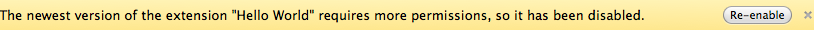 Warning text: 'The newest version of the extension Hello World requires more permissions, so it has been disabled. [Re-enable].'